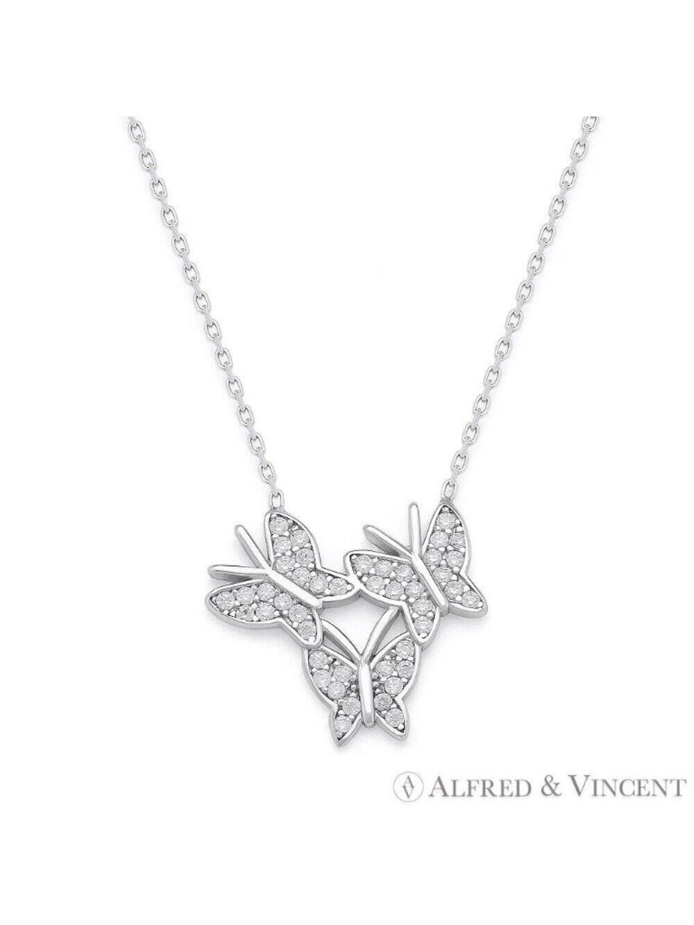 Triple-Butterfly CZ Charm Pendant & Chain Necklace in .925 Sterling Silver
